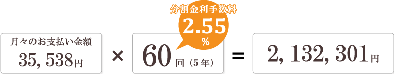 月々のお支払い金額35,538円×60回(5年)分割手数料2.55%=2,132,301円