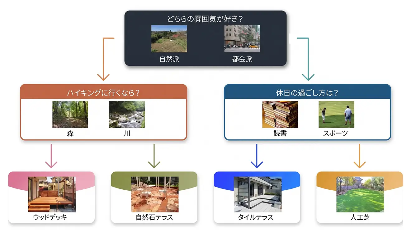 好みや休日の過ごし方から雑草対策に合う庭素材を選べる診断チャート
