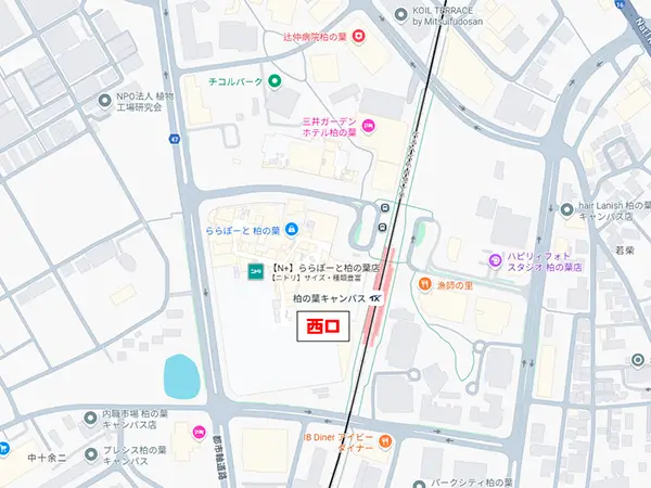 柏の葉キャンパス駅から柏展示場店までのルート案内図