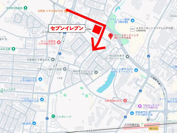 八千代本店へ坪井町方面から向かうルート案内図