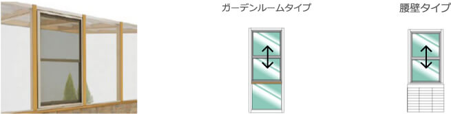 <p>前面上げ下げ窓はガーデンルームタイプと腰壁タイプの両方に設置可能です。<br />
強化ガラスも選択可能なので強度もばっちりで、網戸も付いてきます。</p>
