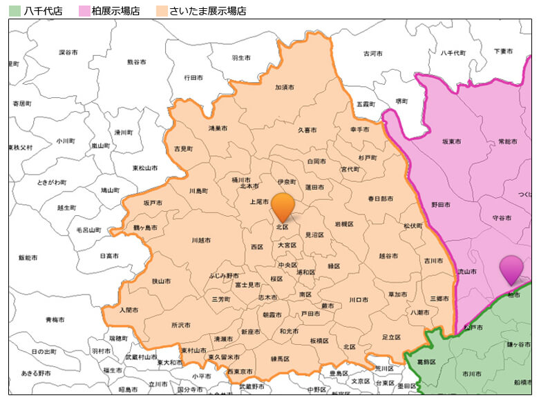 上尾、入間、朝霧、伊奈、桶川、加須、川口、川越、北本、久喜、鴻巣、岩槻、浦和、大宮、北、桜、中央、西、見沼、南、緑)、坂戸、幸手、狭山、志木、杉戸、白岡、戸田、所沢、新座、蓮田、鳩ヶ谷、ふじみ野、富士見、宮代、三芳、吉見、和光、蕨、東京都:足立区、板橋、北、清瀬、西東京、練馬、東久留米、東村山 上尾、入間、朝霧、伊奈、桶川、加須、川口、川越、北本、久喜、鴻巣、岩槻、浦和、大宮、北、桜、中央、西、見沼、南、緑)、坂戸、幸手、狭山、志木、杉戸、白岡、戸田、所沢、新座、蓮田、鳩ヶ谷、ふじみ野、富士見、宮代、三芳、吉見、和光、蕨、東京都:板橋、北、清瀬、西東京、練馬、東久留米、東村山